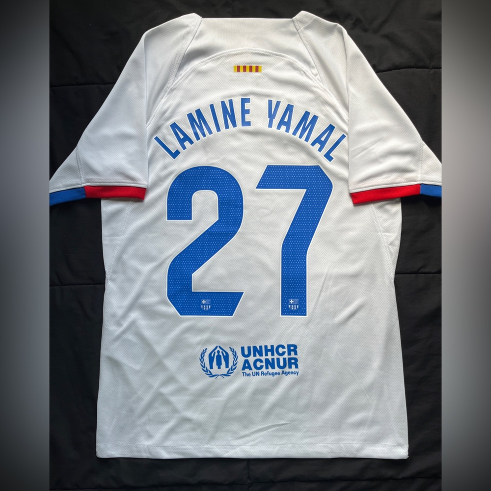 Lamine Yamal #27 White Barcelona Away S-L Soccer Jersey